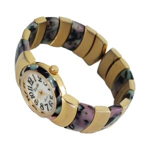 Vintage Xanadu Abalone Multicolor Shell and Goldtone Bangle Hinged Quartz Watch